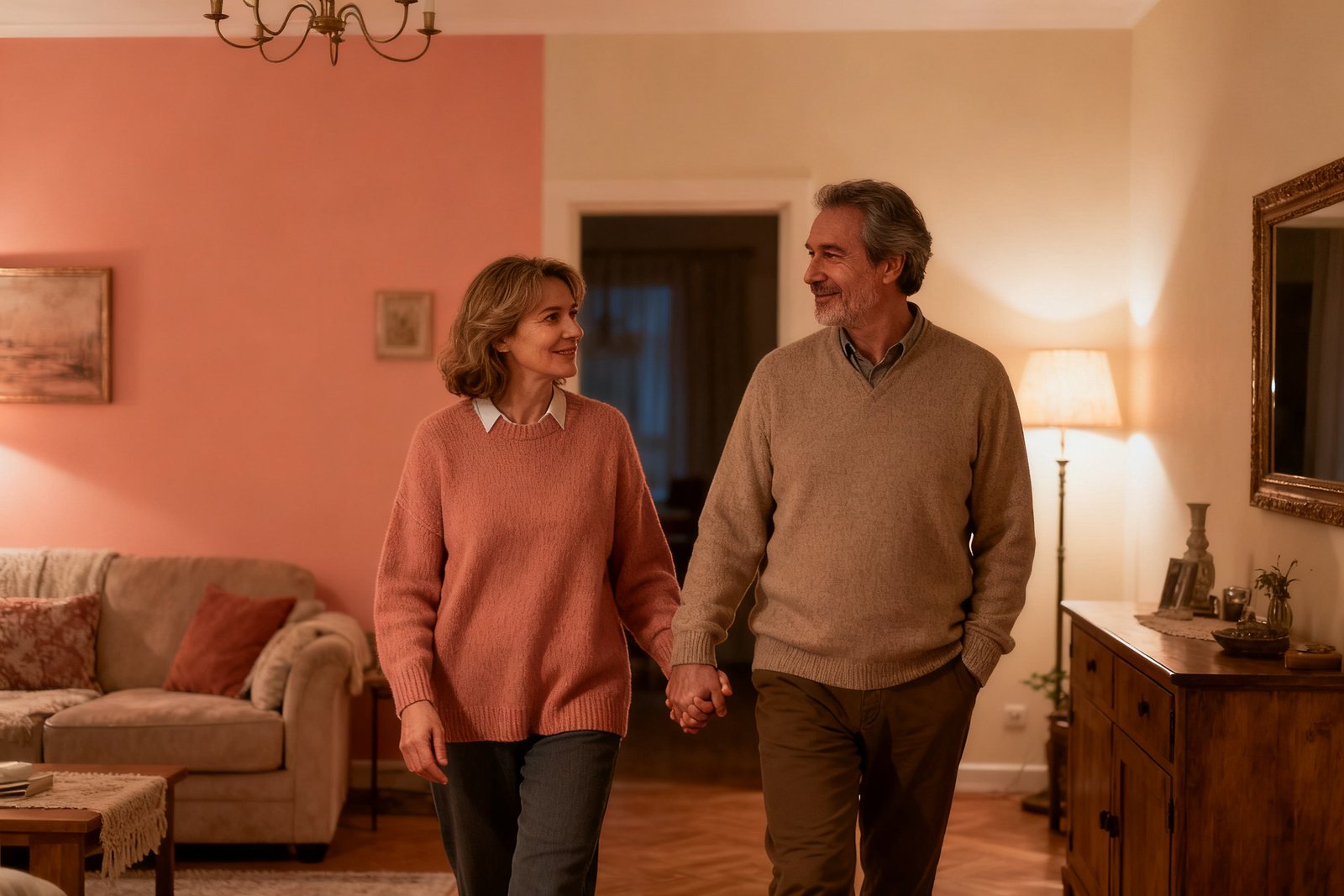 Partners taking a short evening walk hand in hand