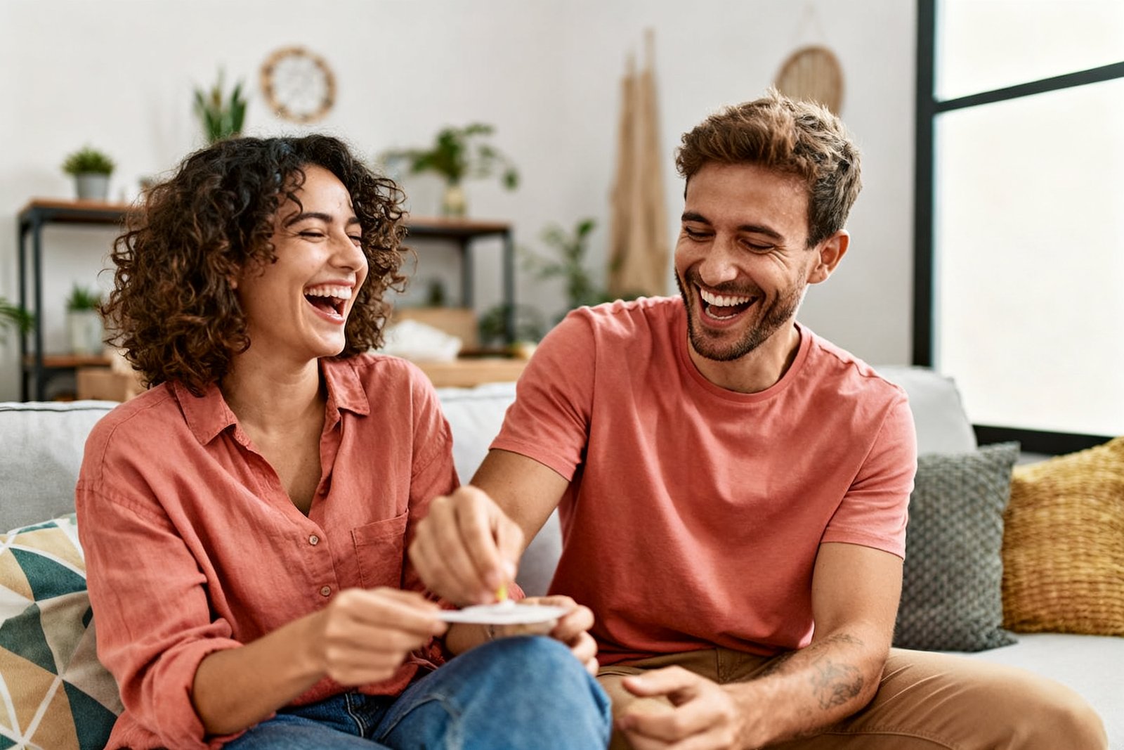 A couple laughing together while trying a fun activity at home, playful and joyful