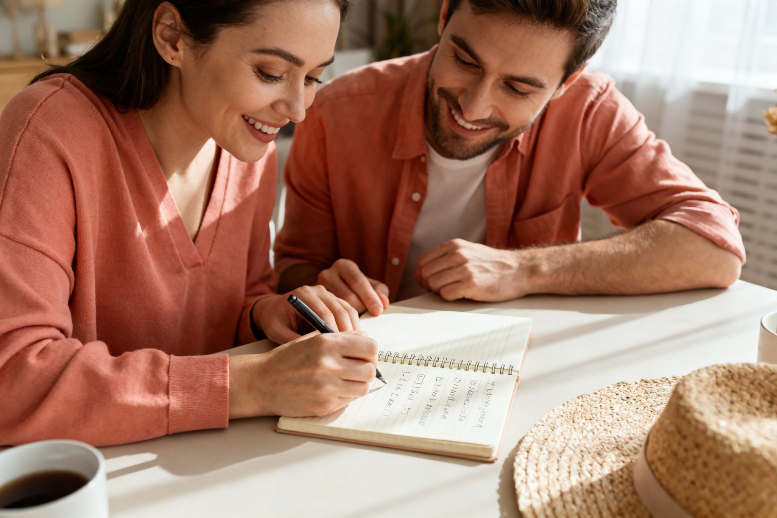 A couple writing goals in a notebook together at a cozy table, hopeful and warm