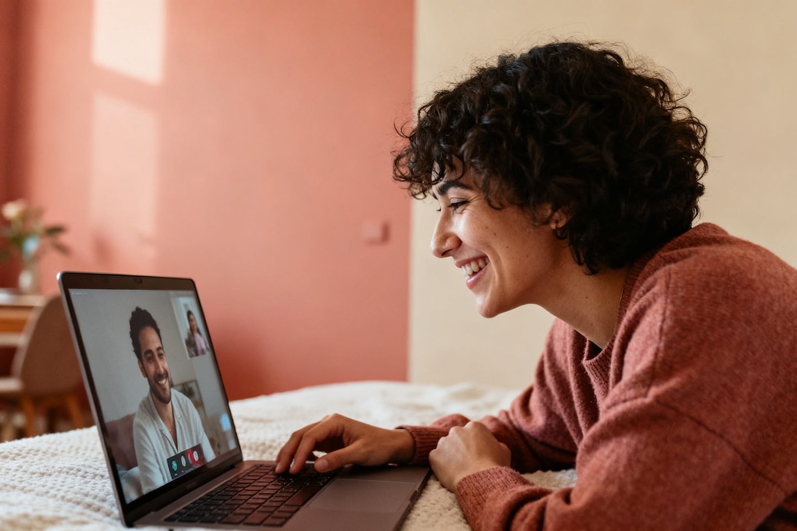 A person smiling warmly at a laptop video call with their partner, cozy warm room