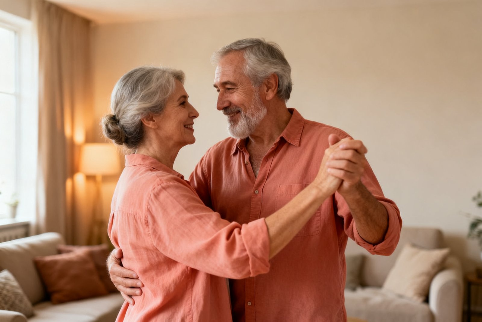 Partners slow dancing in the living room in warm light