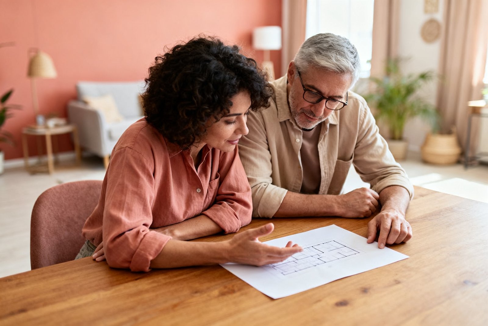Partners looking over a simple plan together at a table