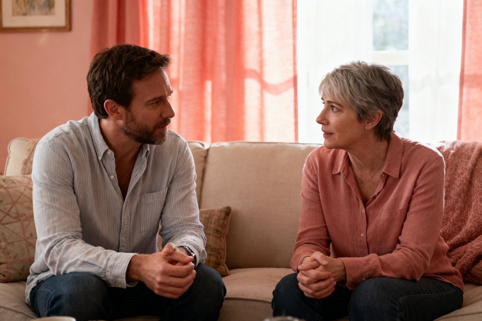 Two people sharing an honest, caring conversation on the couch