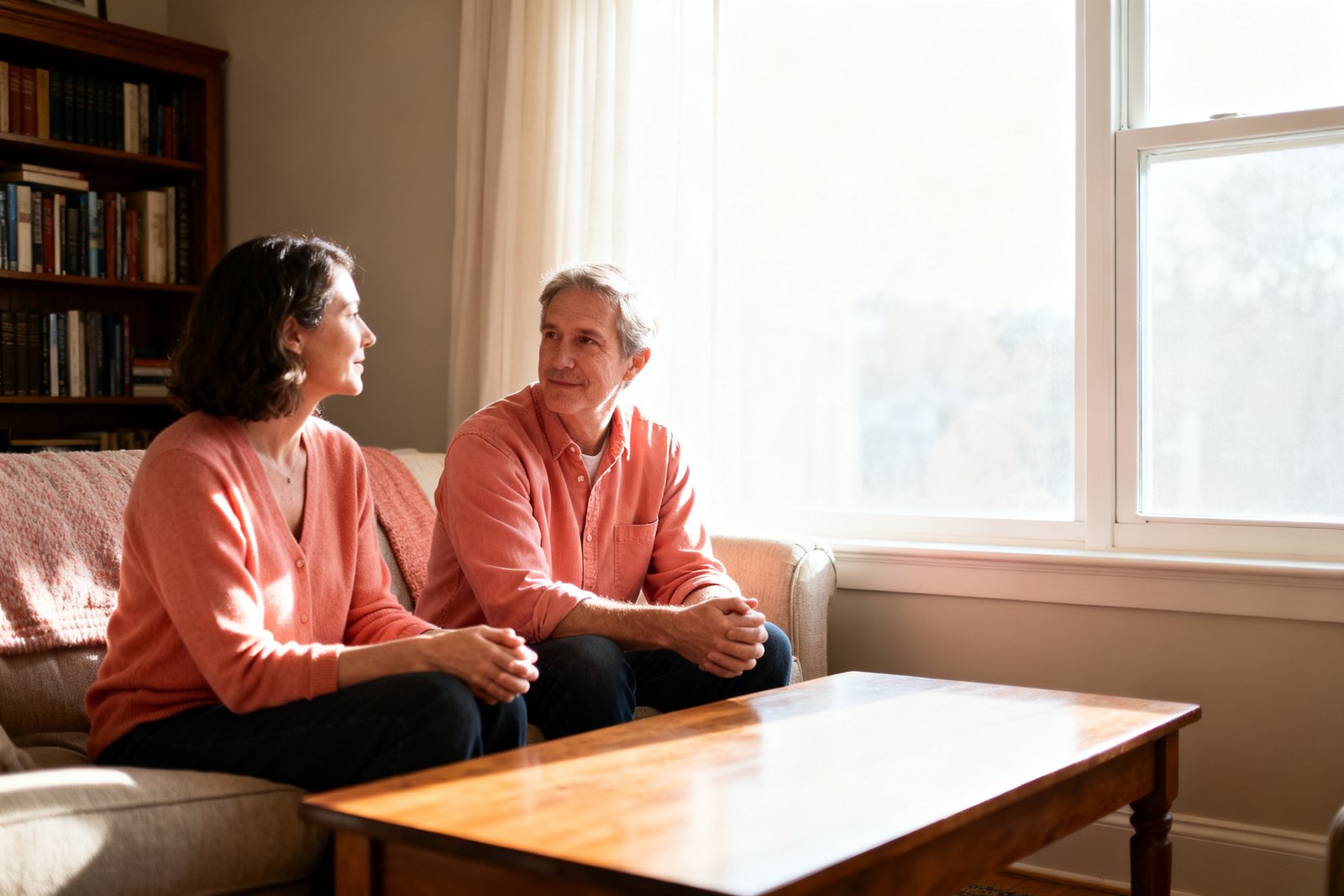 Two people talking softly by a bright window, calmer now