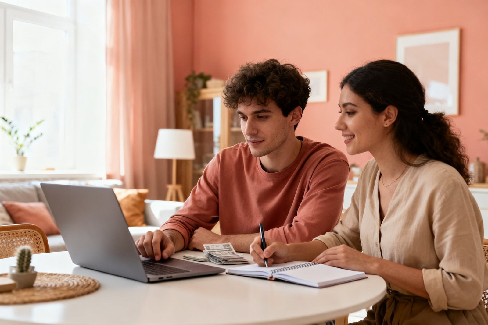 A young couple sitting at a table with a laptop and notebook planning finances together, warm bright home