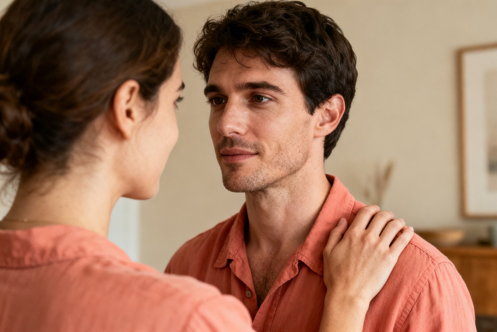 A couple beginning to reconnect with a soft reassuring touch on the shoulder