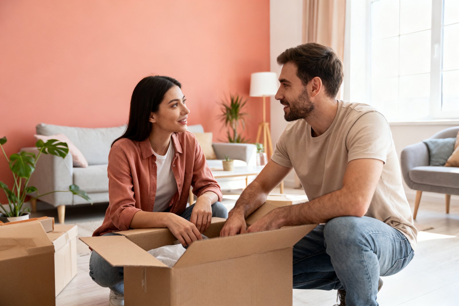 A couple packing moving boxes and talking in a bright apartment