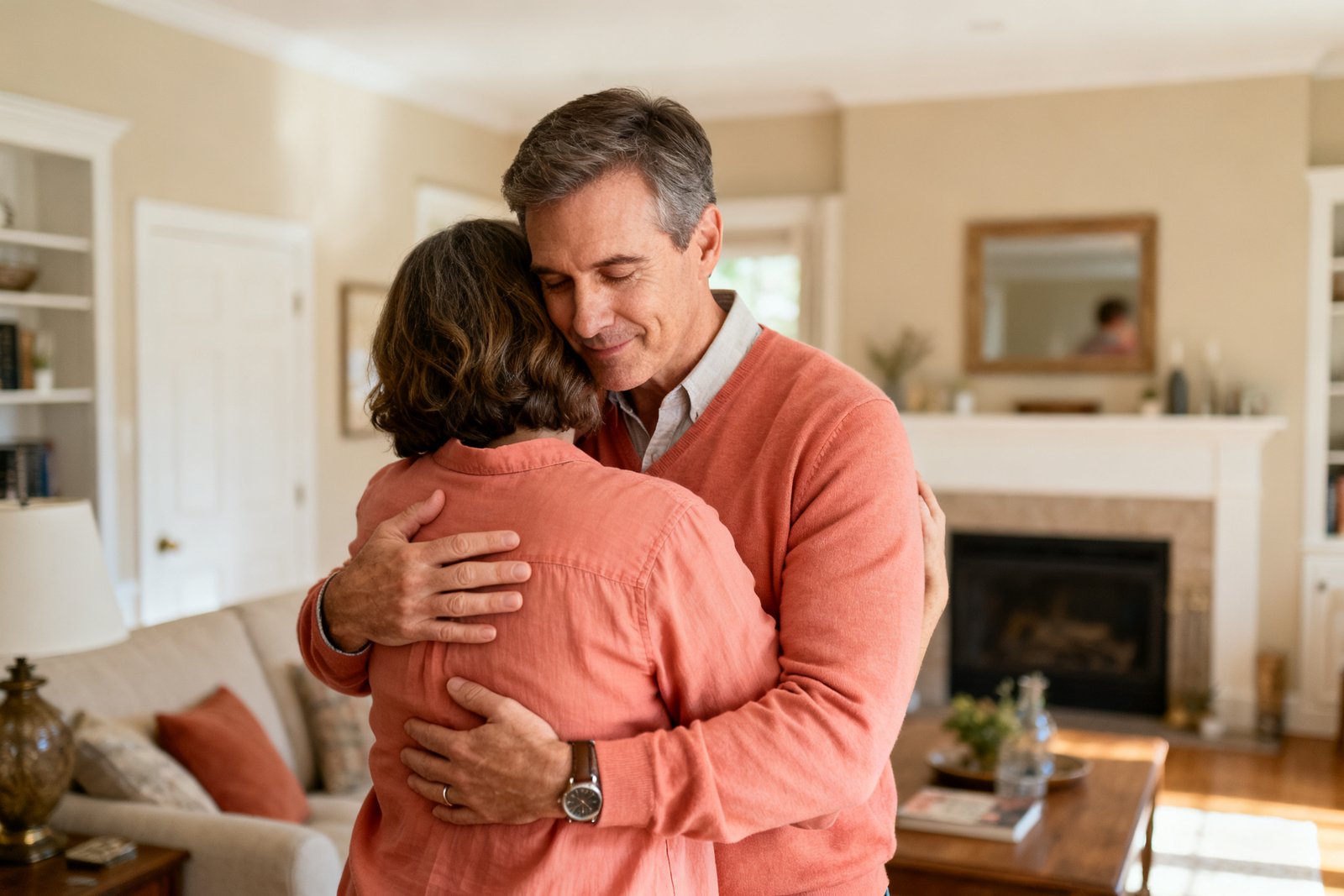 A warm affectionate couple embracing softly in a cozy living room