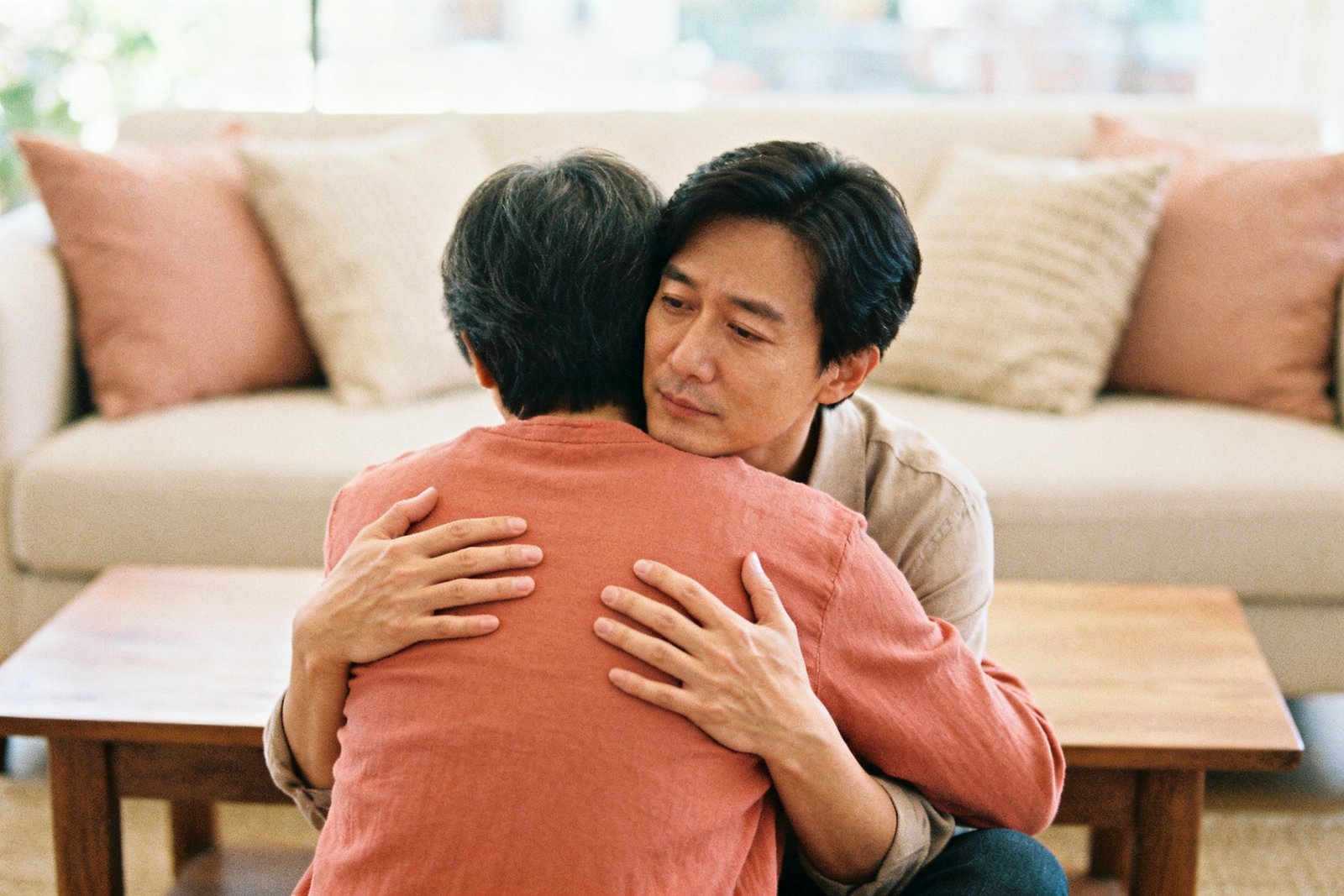 One partner comforting the other with a reassuring hug