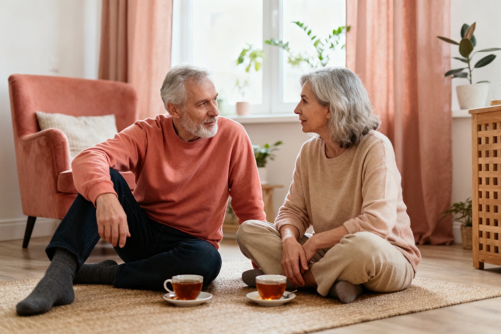 Partners sitting on the floor with tea, deep in conversation