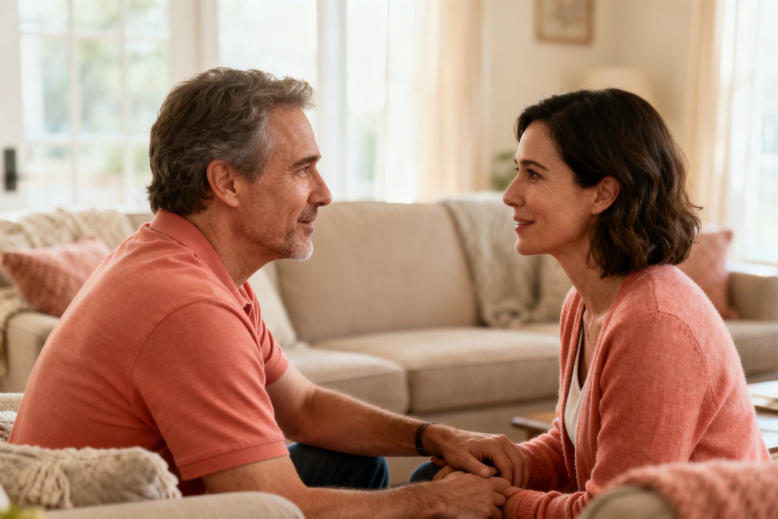 Two people reconnecting gently after taking a short break