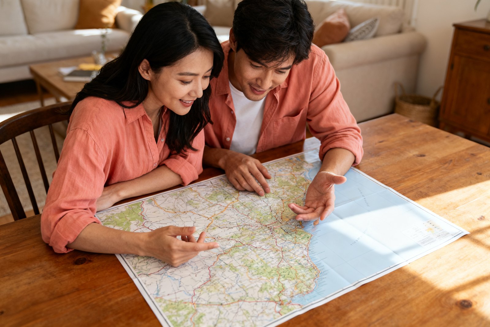Two people looking at a map, planning a trip together