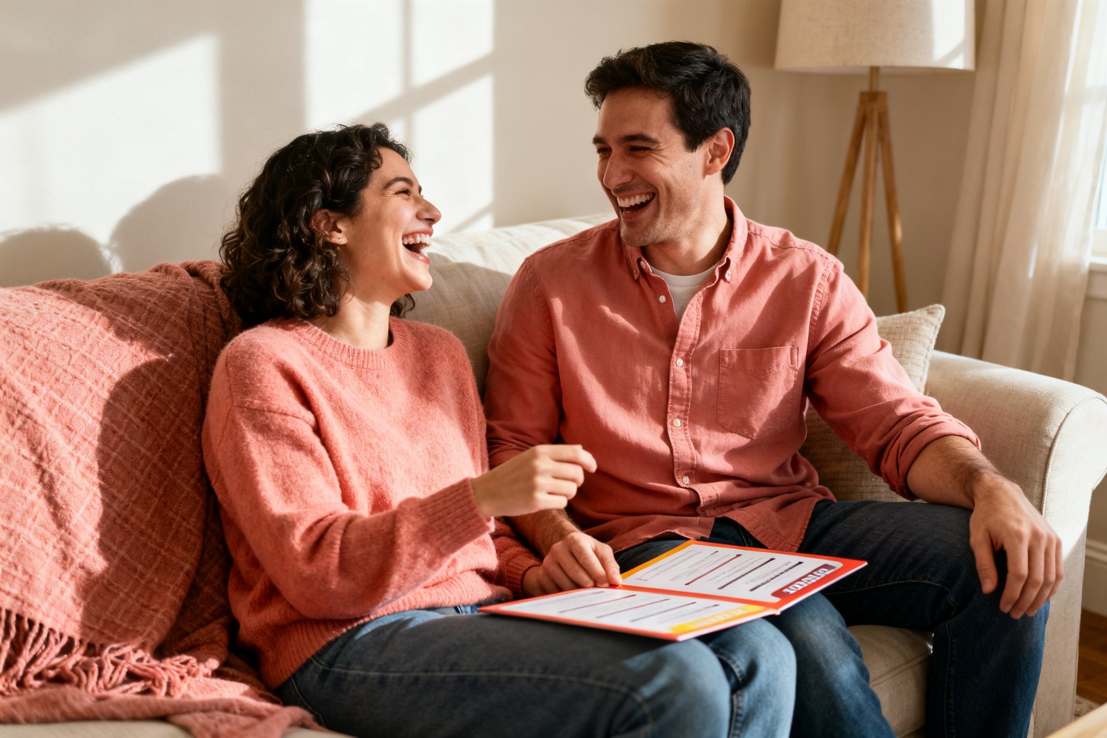 A playful couple laughing together during a question game on the couch