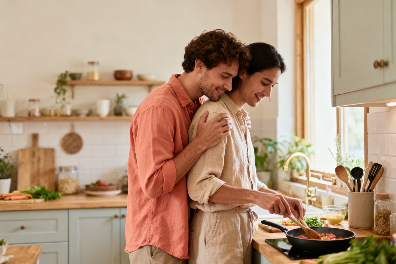 A couple cooking together, brushing shoulders