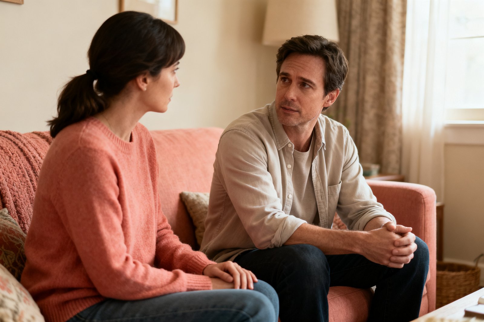 A couple having a calm, direct conversation on a sofa, one listening patiently