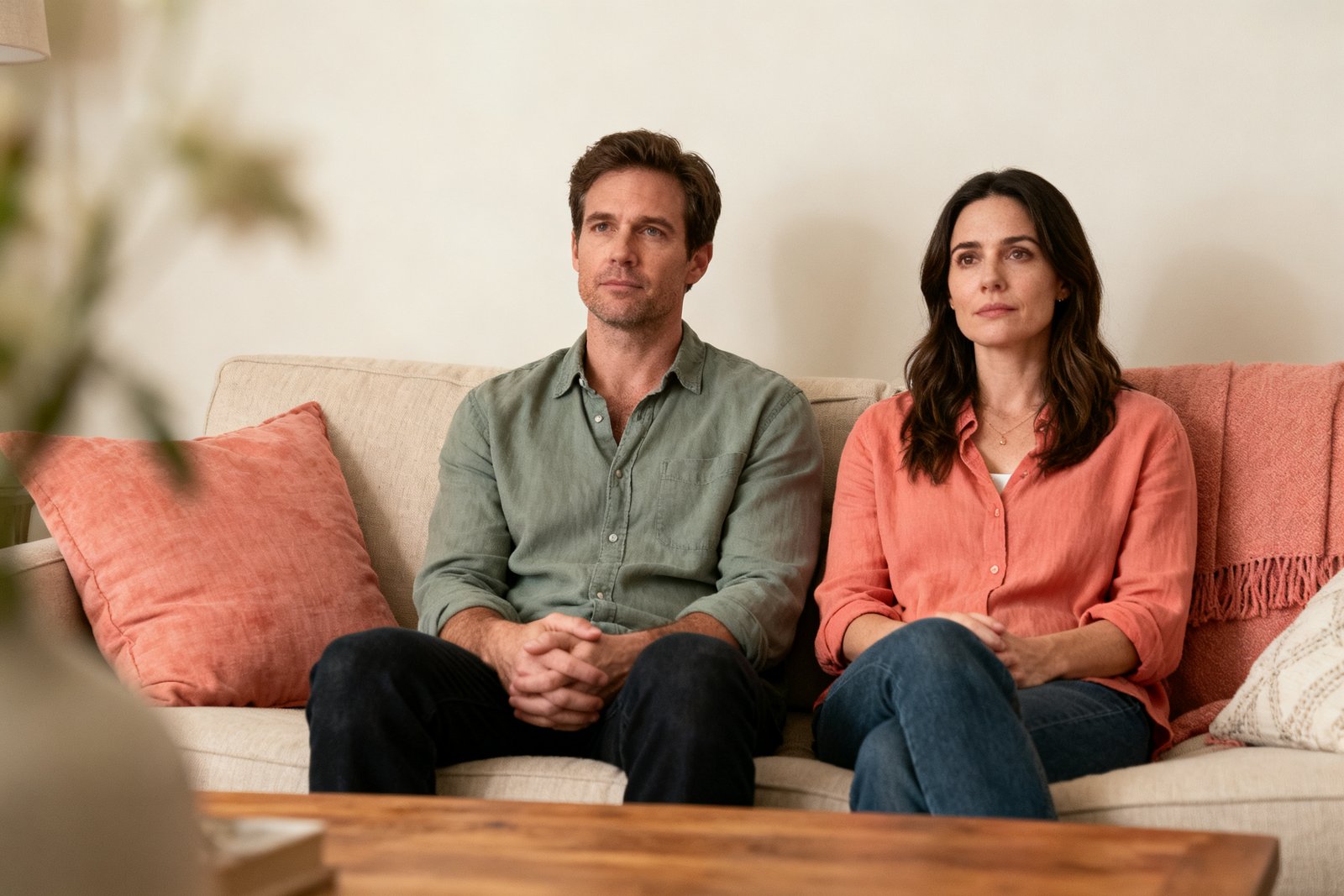 A couple sitting a little apart on a couch, calm and thoughtful, giving each other room to breathe