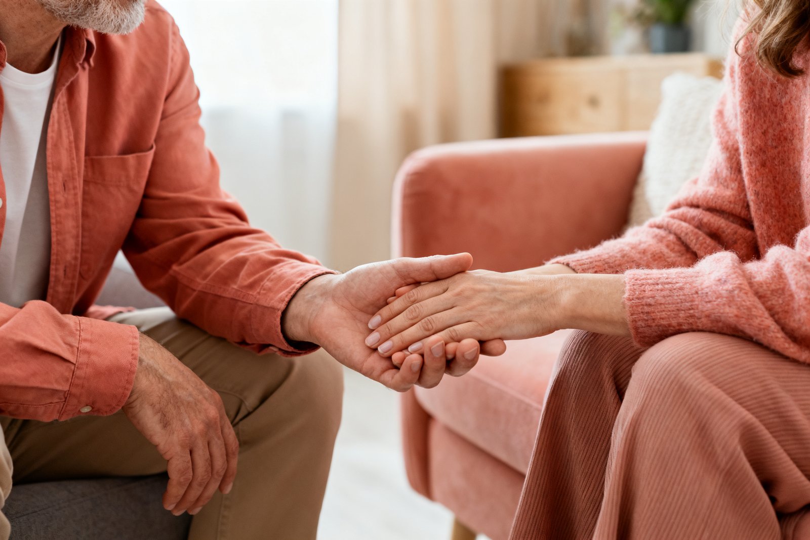 A partner offering a reassuring hand during a talk
