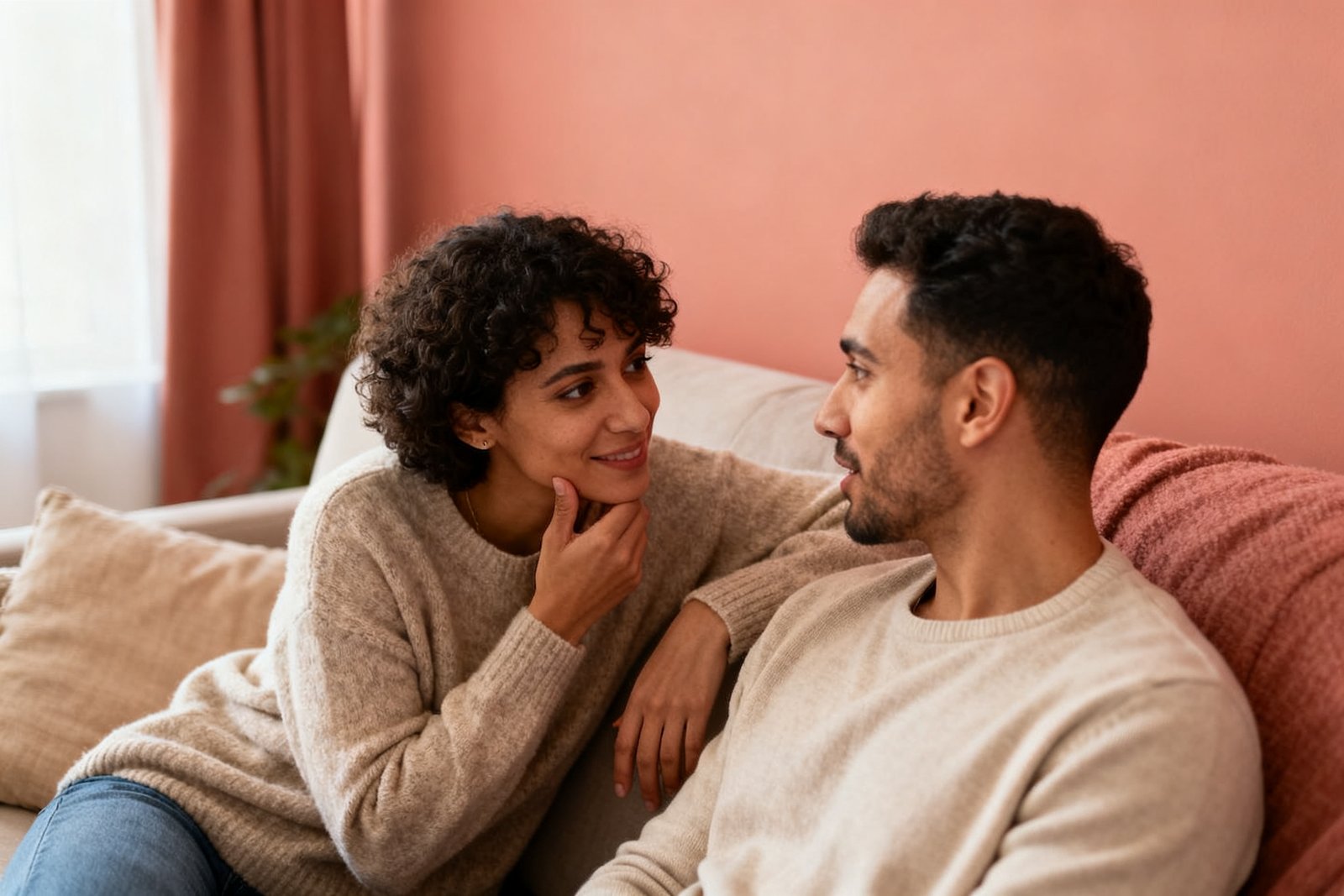 One partner leaning in and nodding attentively while the other speaks, warm eye contact on a sofa