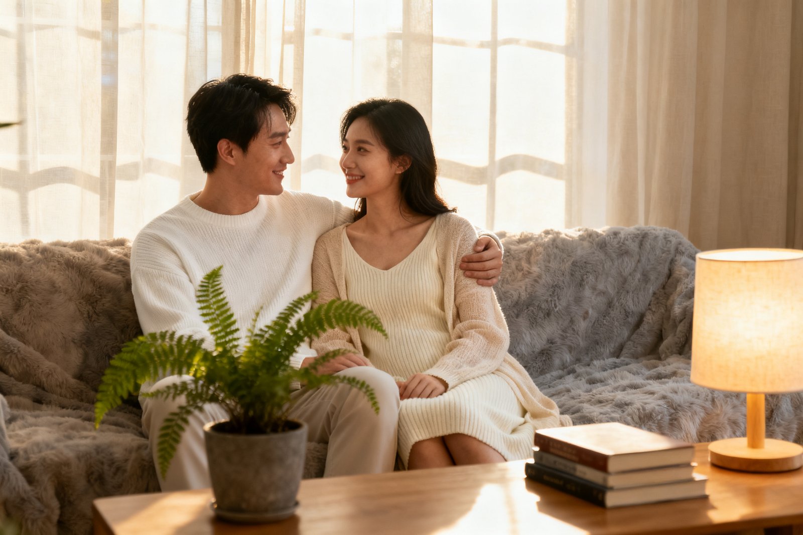 A couple sitting slightly apart on a sofa, one person looking quietly away, tender and calm mood