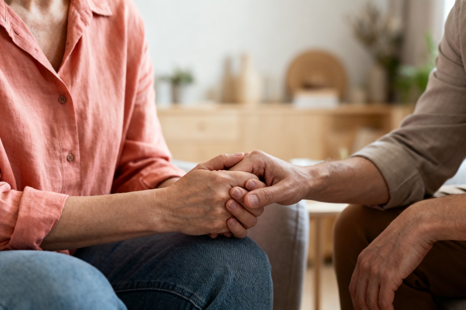 Two people holding hands during a serious but caring talk