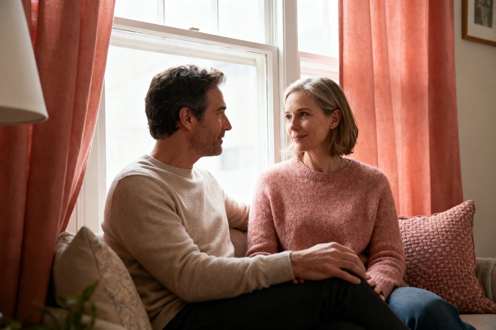 Partners sharing a calm, caring conversation by a window