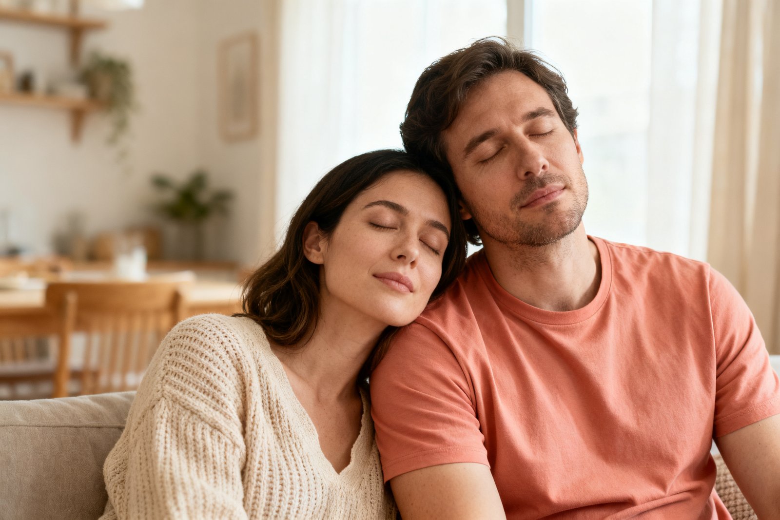 A couple taking a calm breath together while parenting