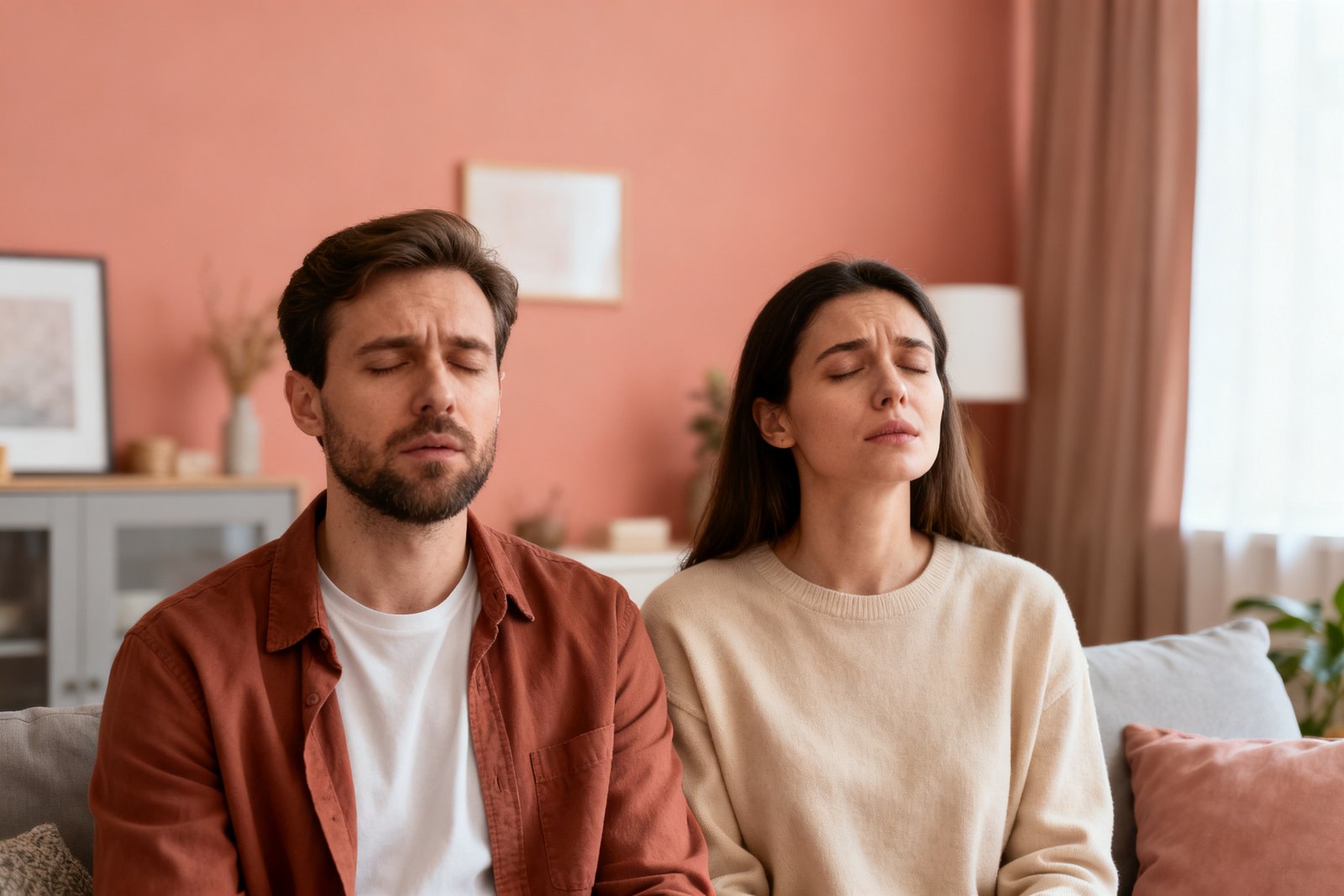 A couple pausing to take a calming breath during a disagreement, gentle and self-aware