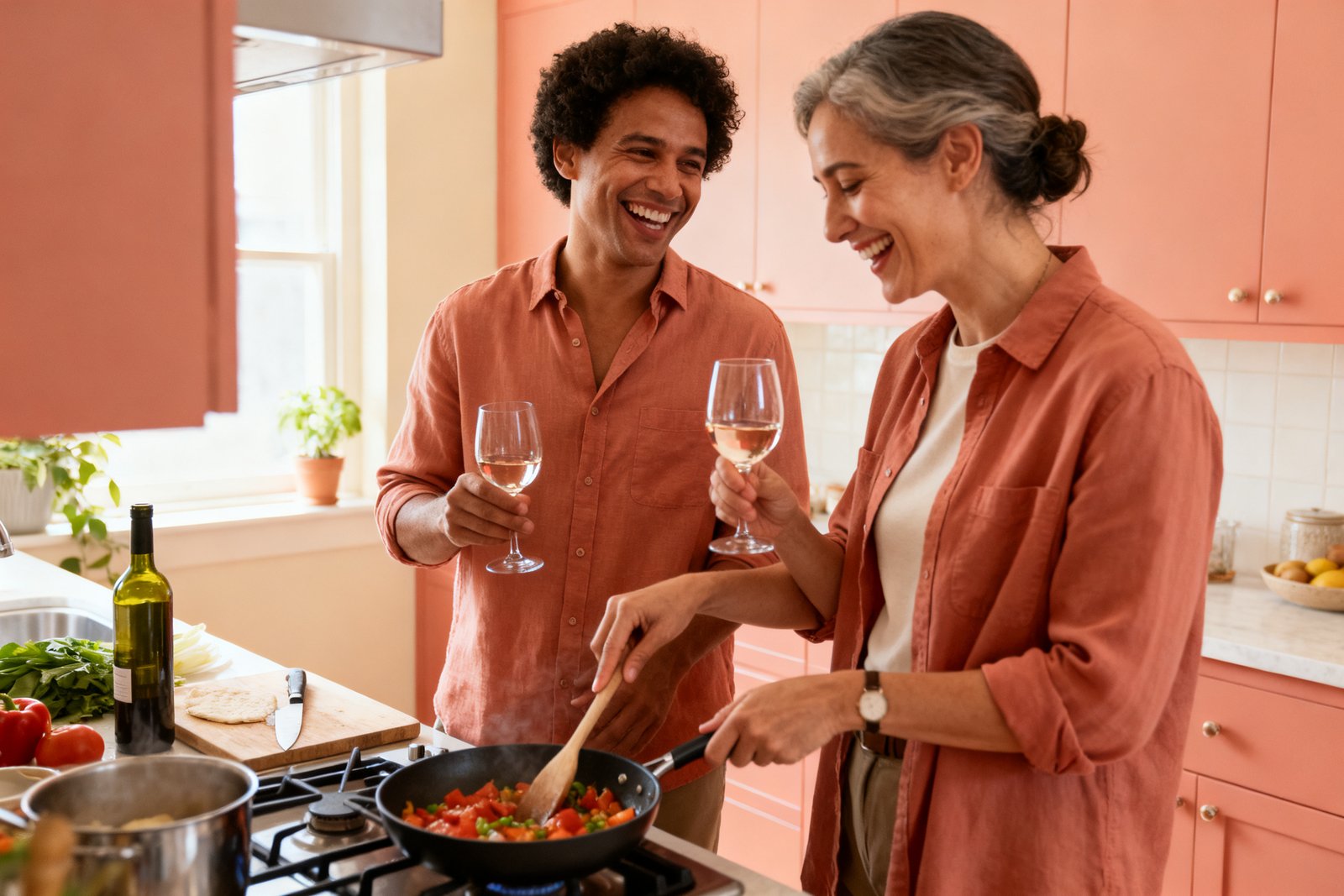 Two people cooking dinner together, laughing over a glass of wine