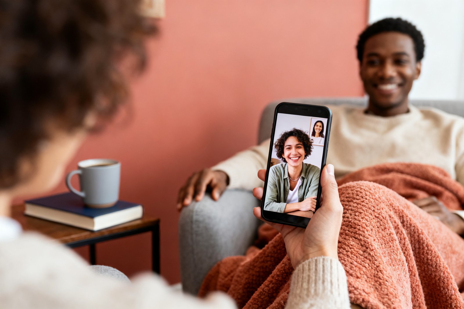A happy video call between partners on a phone