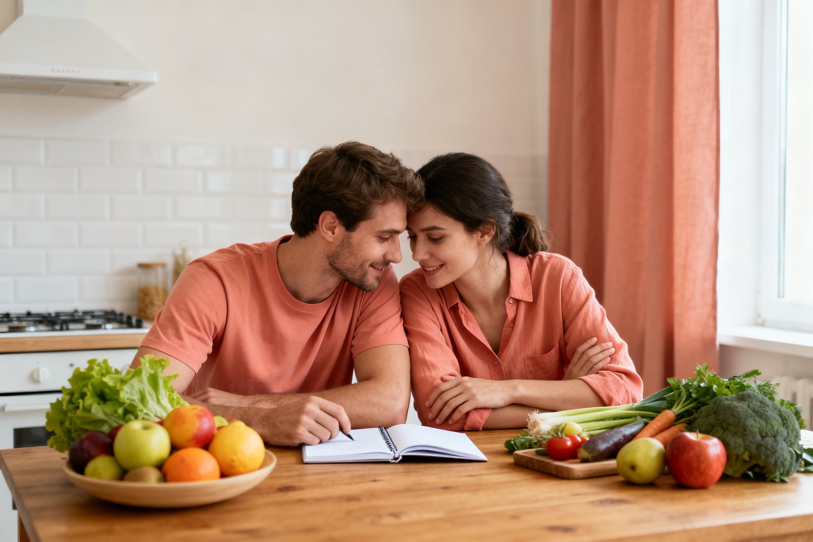 A couple planning healthy changes together at a kitchen table with a notebook and fresh food, warm and hopeful