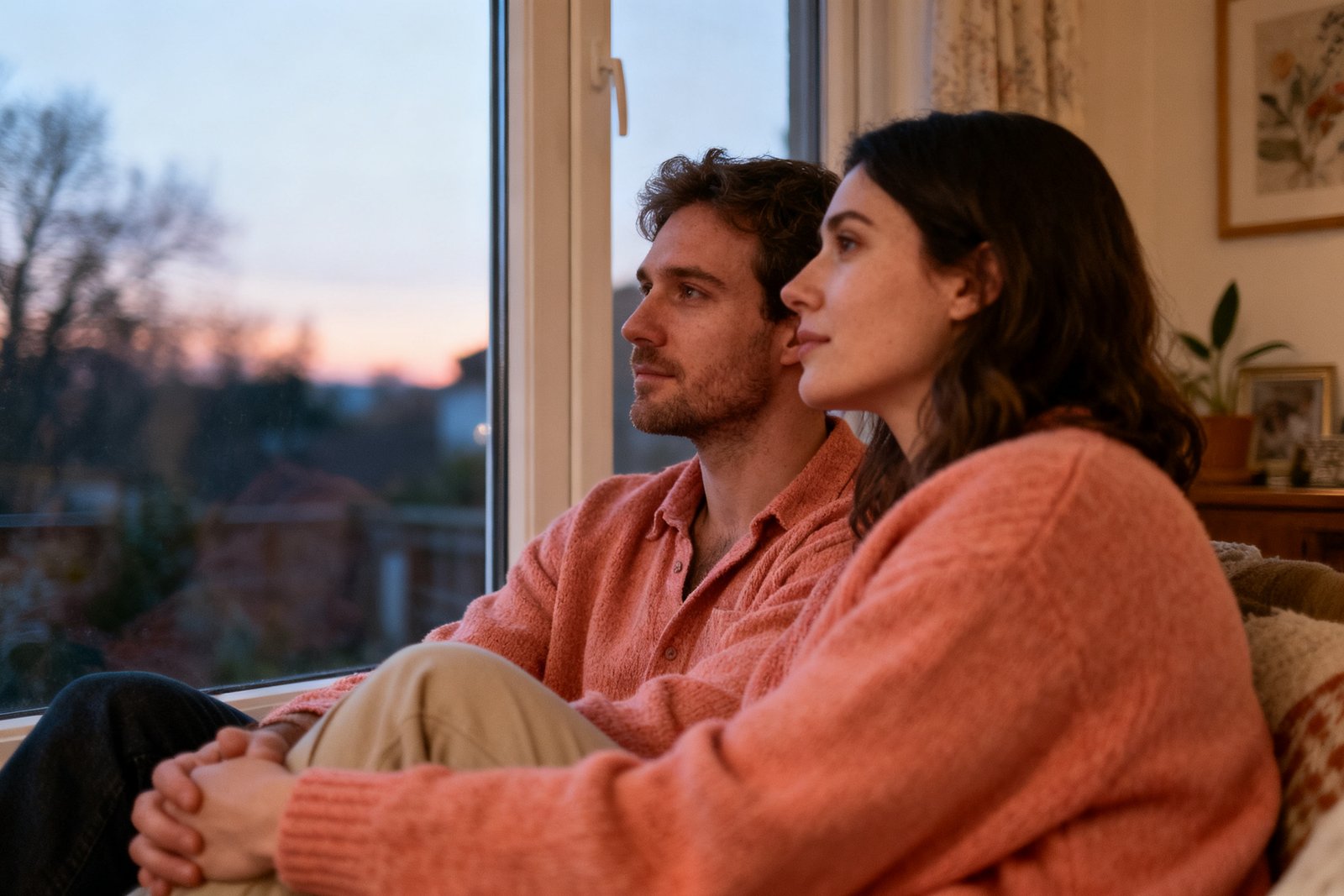 A couple by a window at dusk sharing quiet thoughts