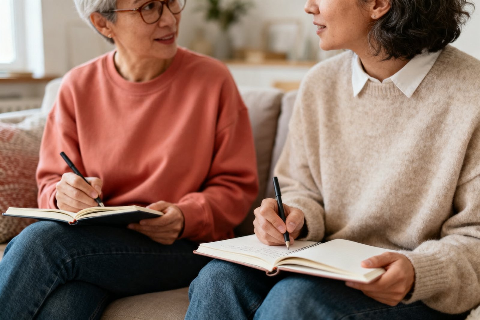 Two people journaling and talking on the couch
