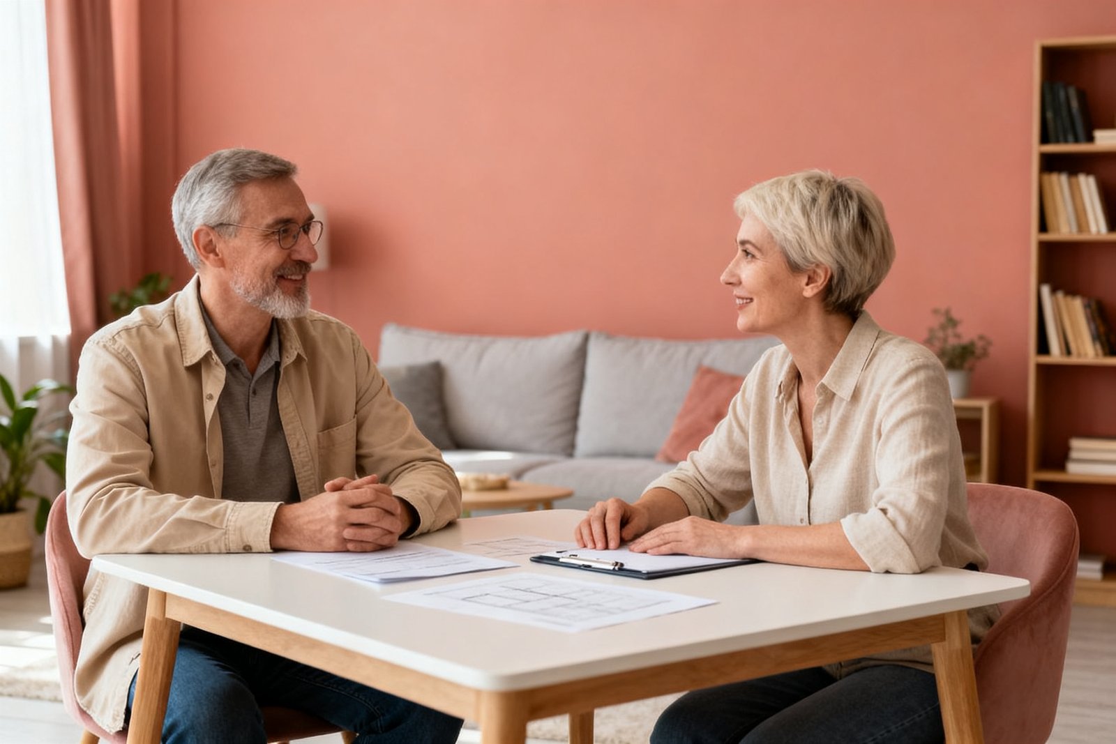 Two people talking through plans kindly at a table