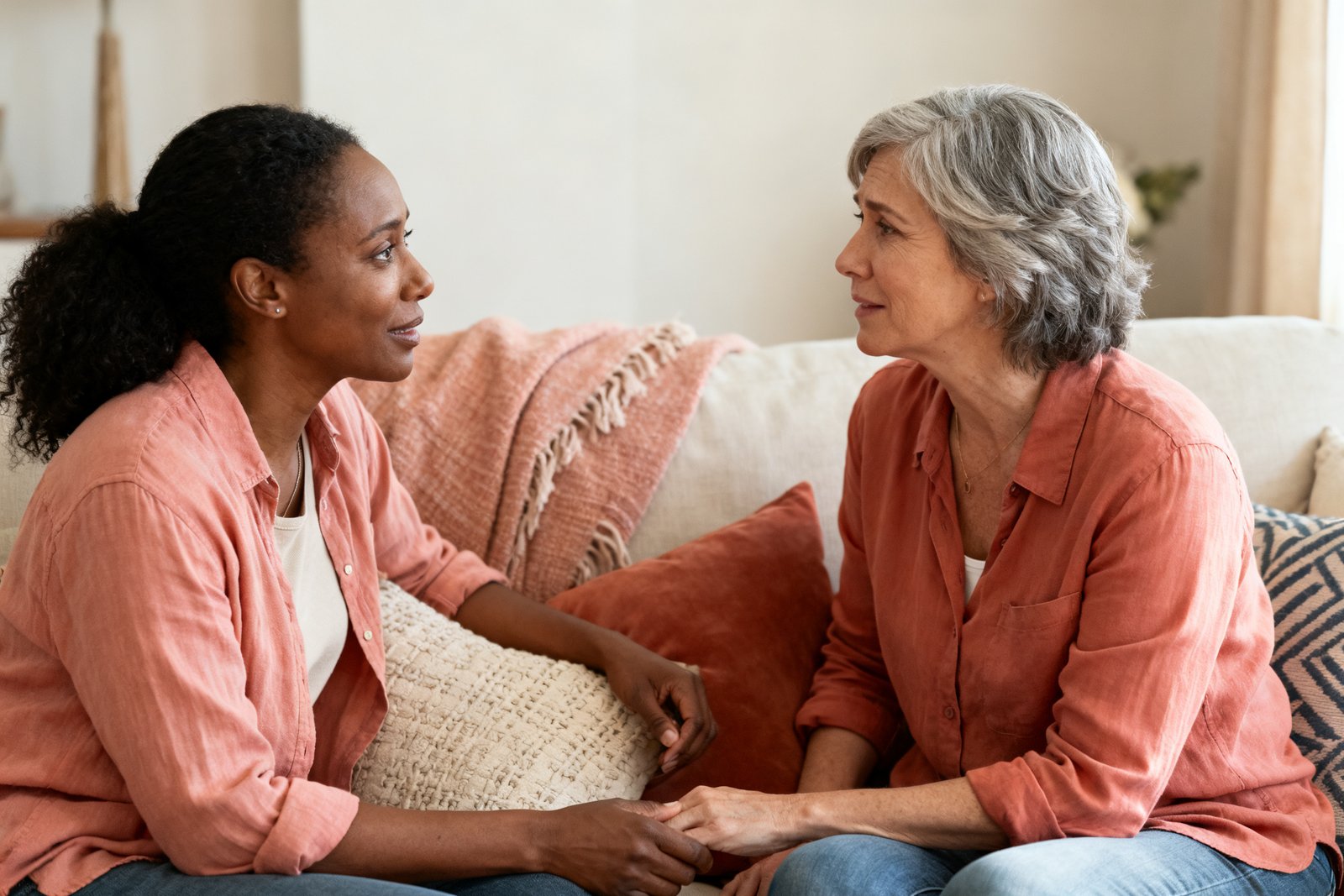 Two people talking gently on a couch with understanding expressions