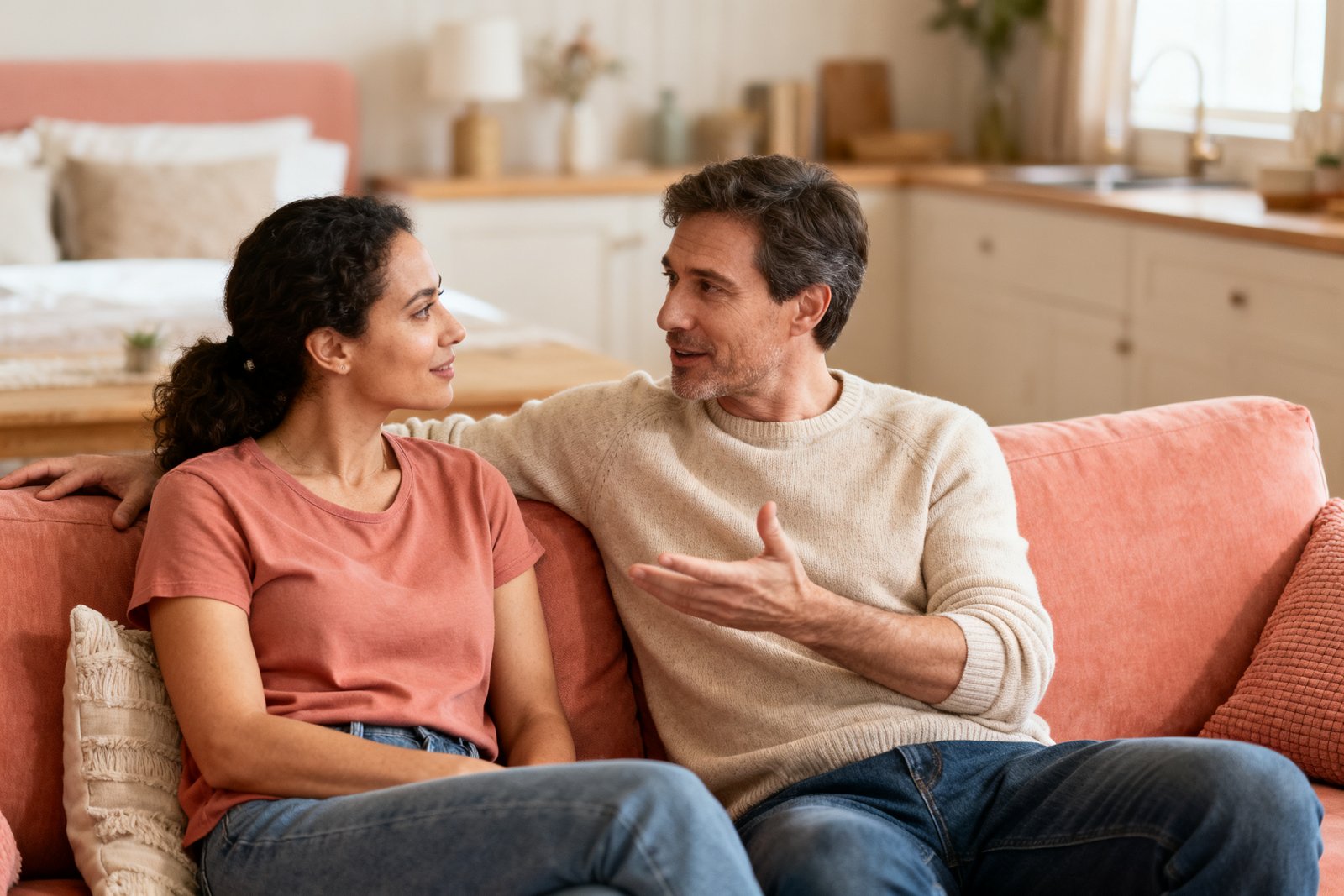 One partner attentively listening while the other talks, warm eye contact on a sofa