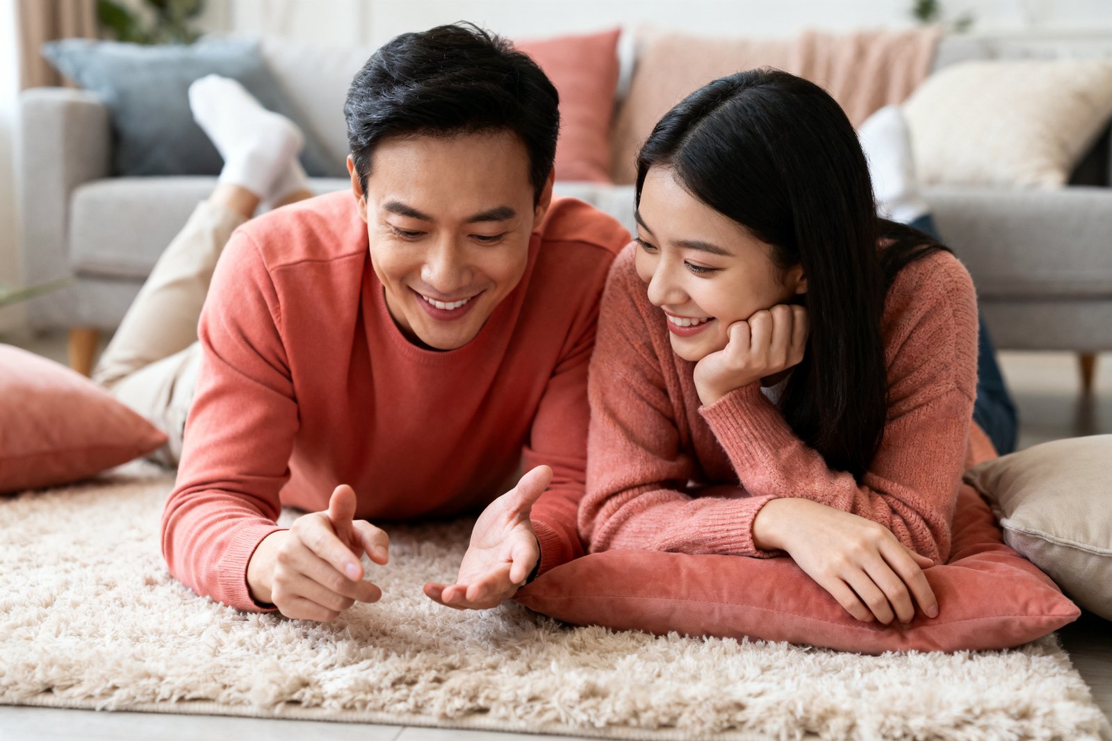 Partners cozy on the floor playing a question game