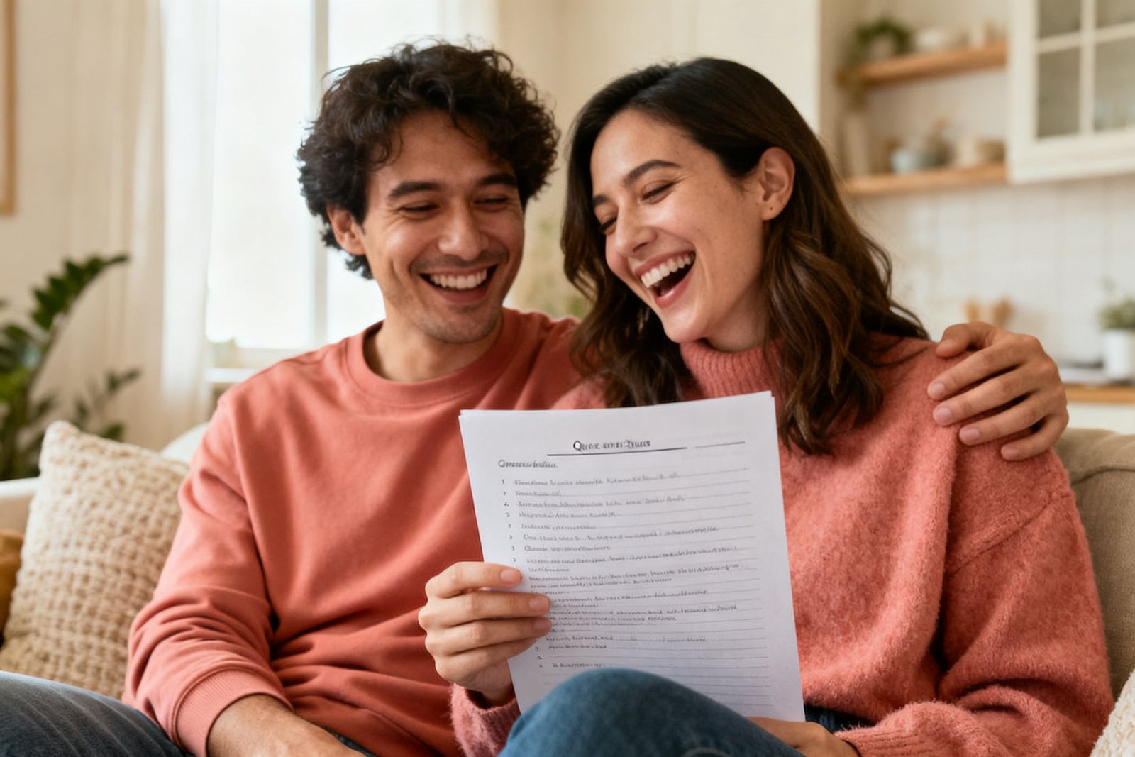 A couple with a list of questions, laughing together