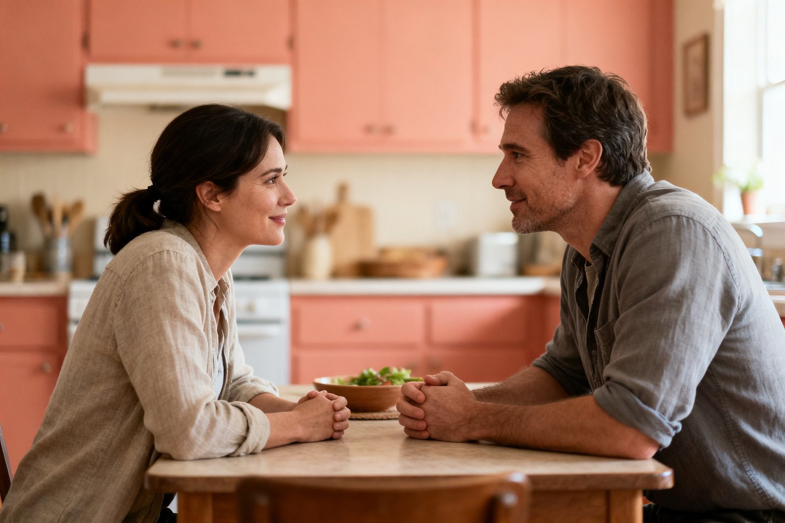 A couple having a respectful, warm conversation at a kitchen table