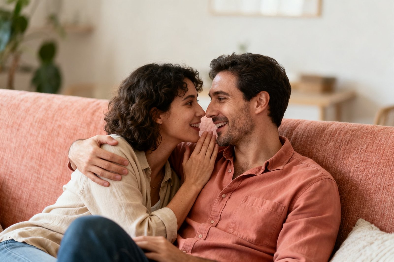 A couple sharing a warm, affectionate moment on the couch, one telling the other something heartfelt