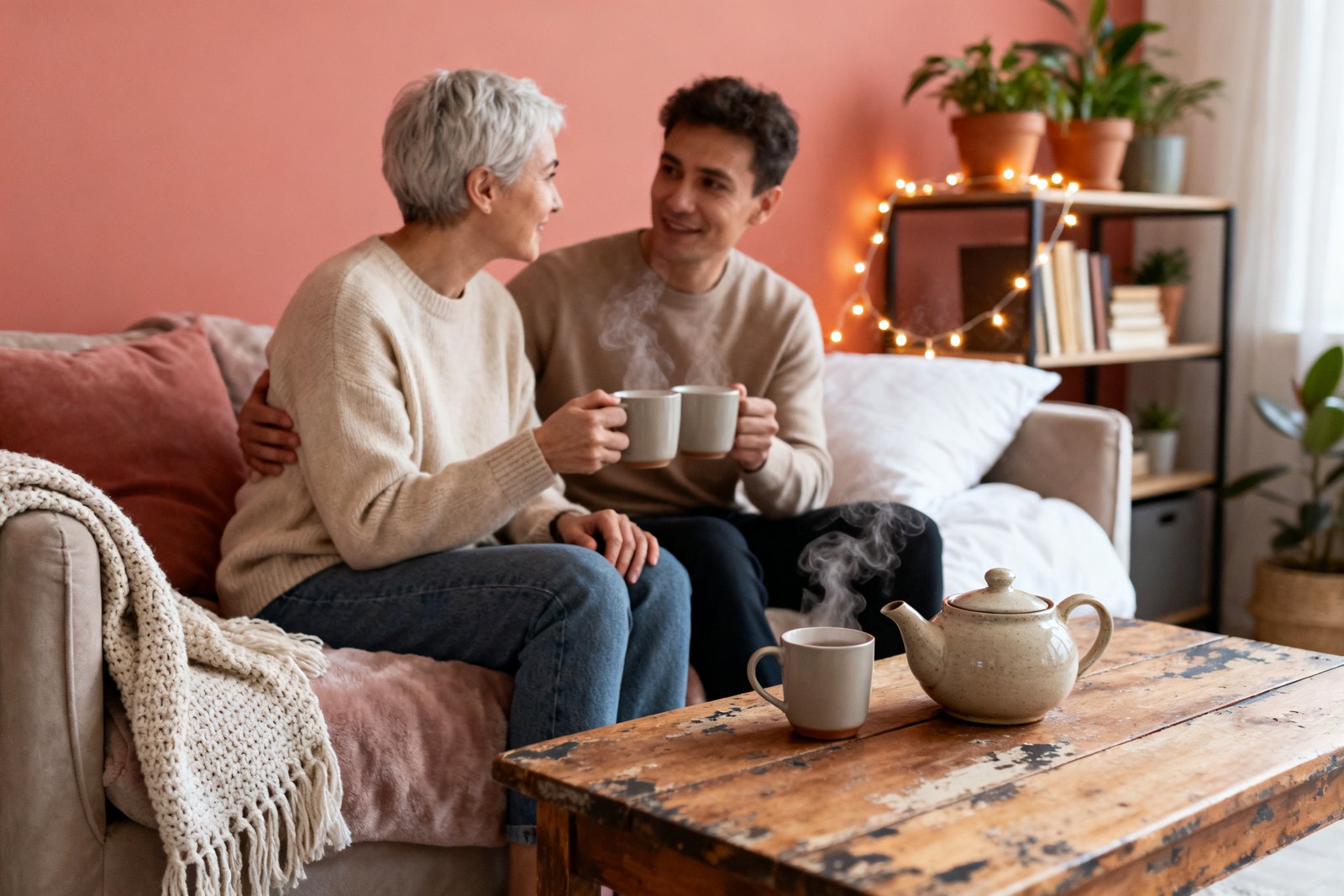 Two people sharing tea and quiet conversation before bed