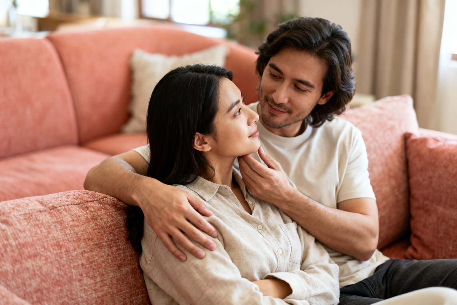 A couple sitting close on a couch, one gently checking in with the other during a quiet moment