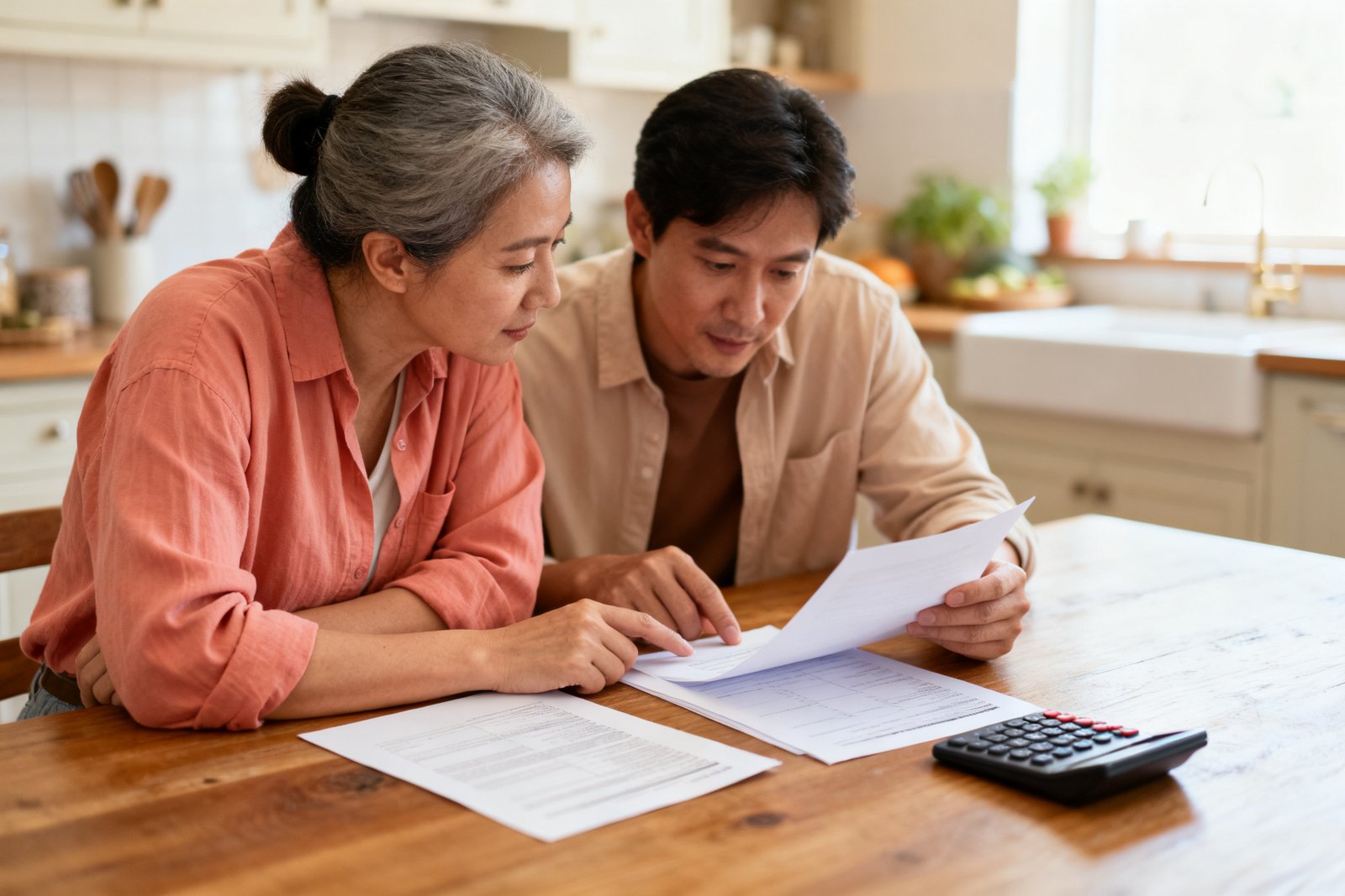Two people reviewing papers and a calculator at a kitchen table