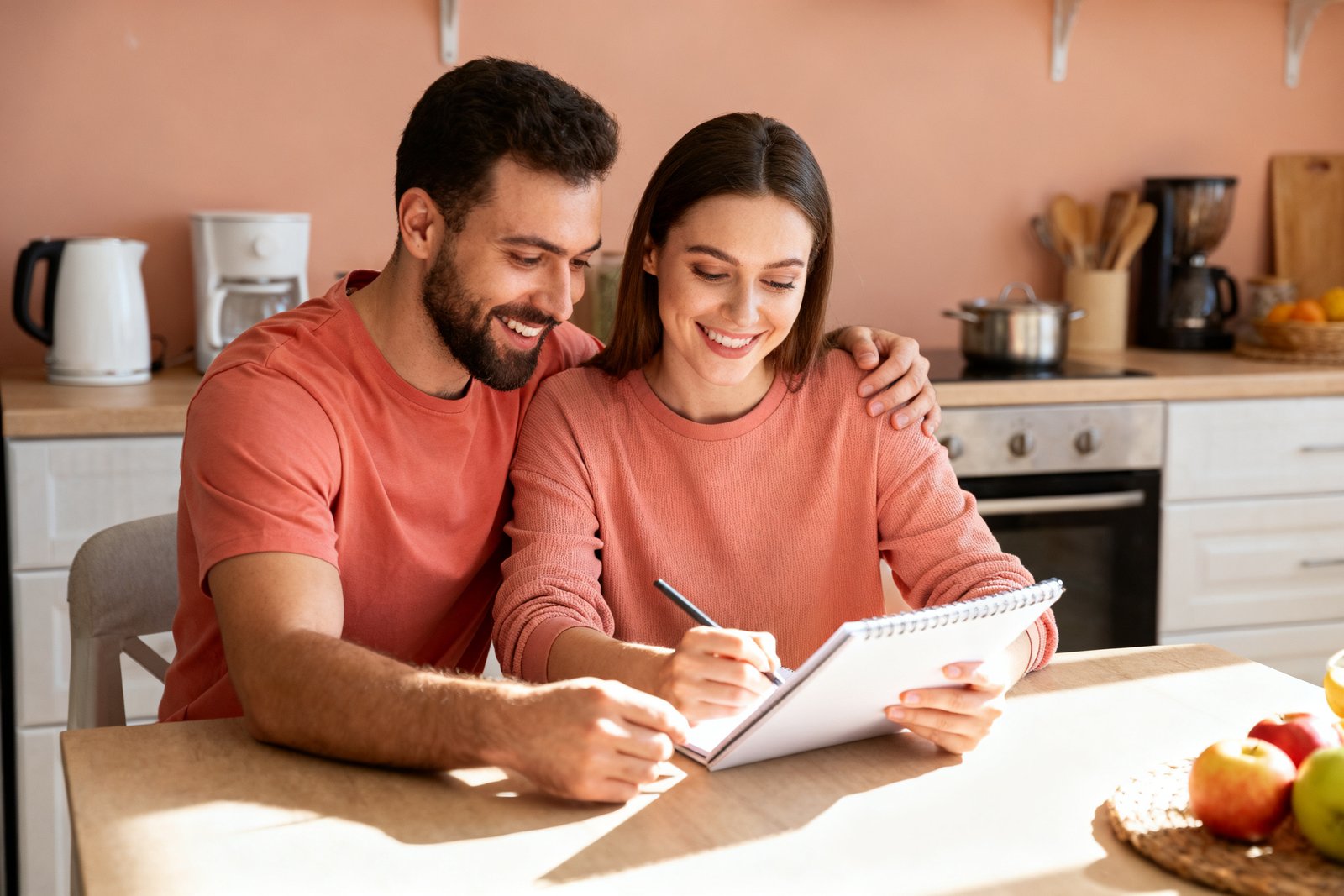 A happy couple planning together with a notebook at a sunny kitchen table