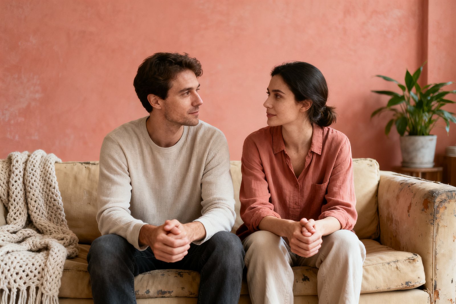 A couple reconnecting with soft, understanding expressions
