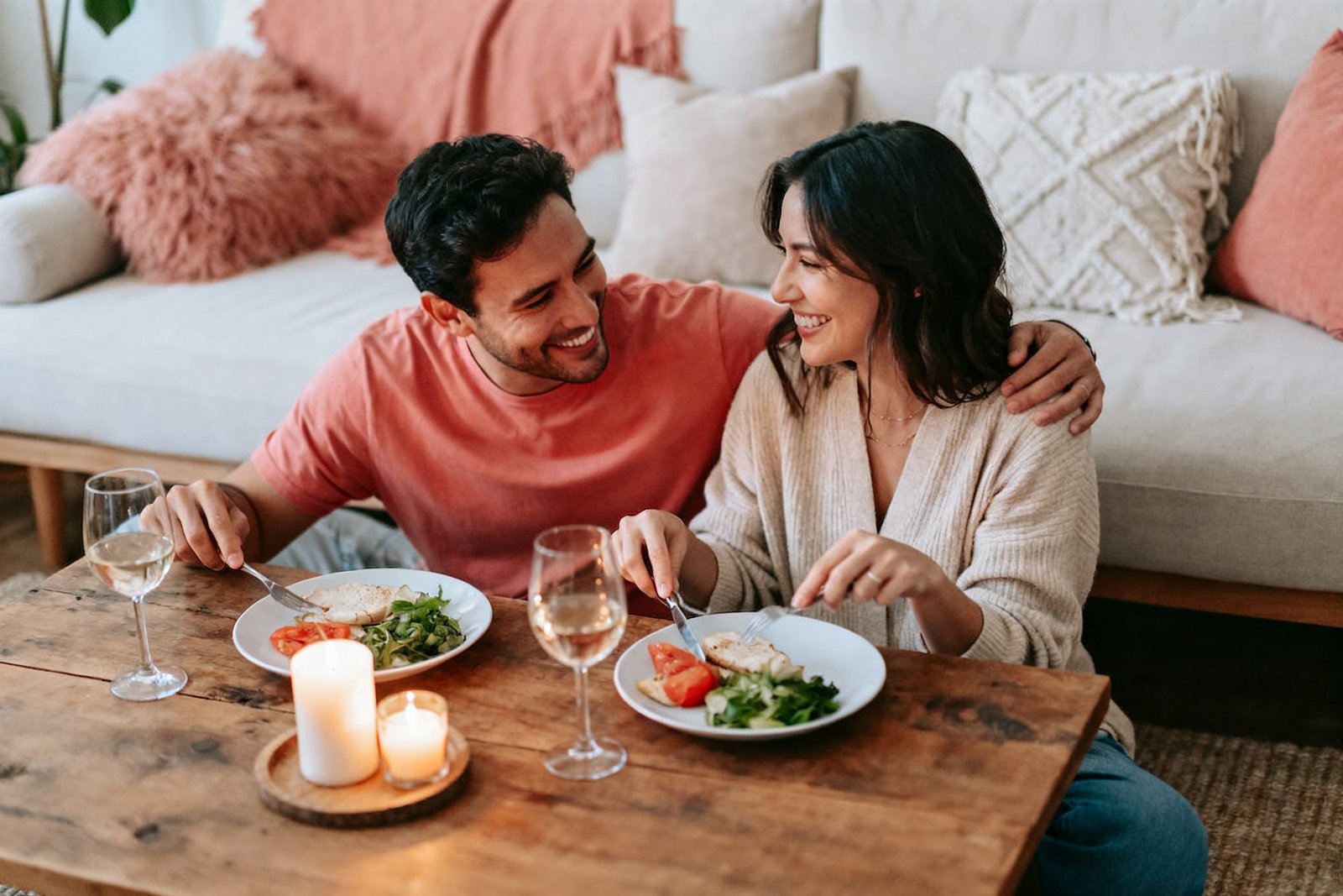 A couple enjoying a cozy at-home date night with candles and a simple dinner
