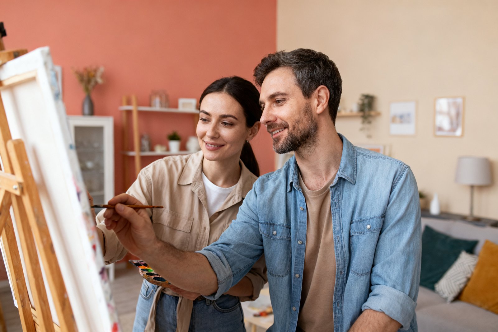 A couple painting or doing a shared hobby together