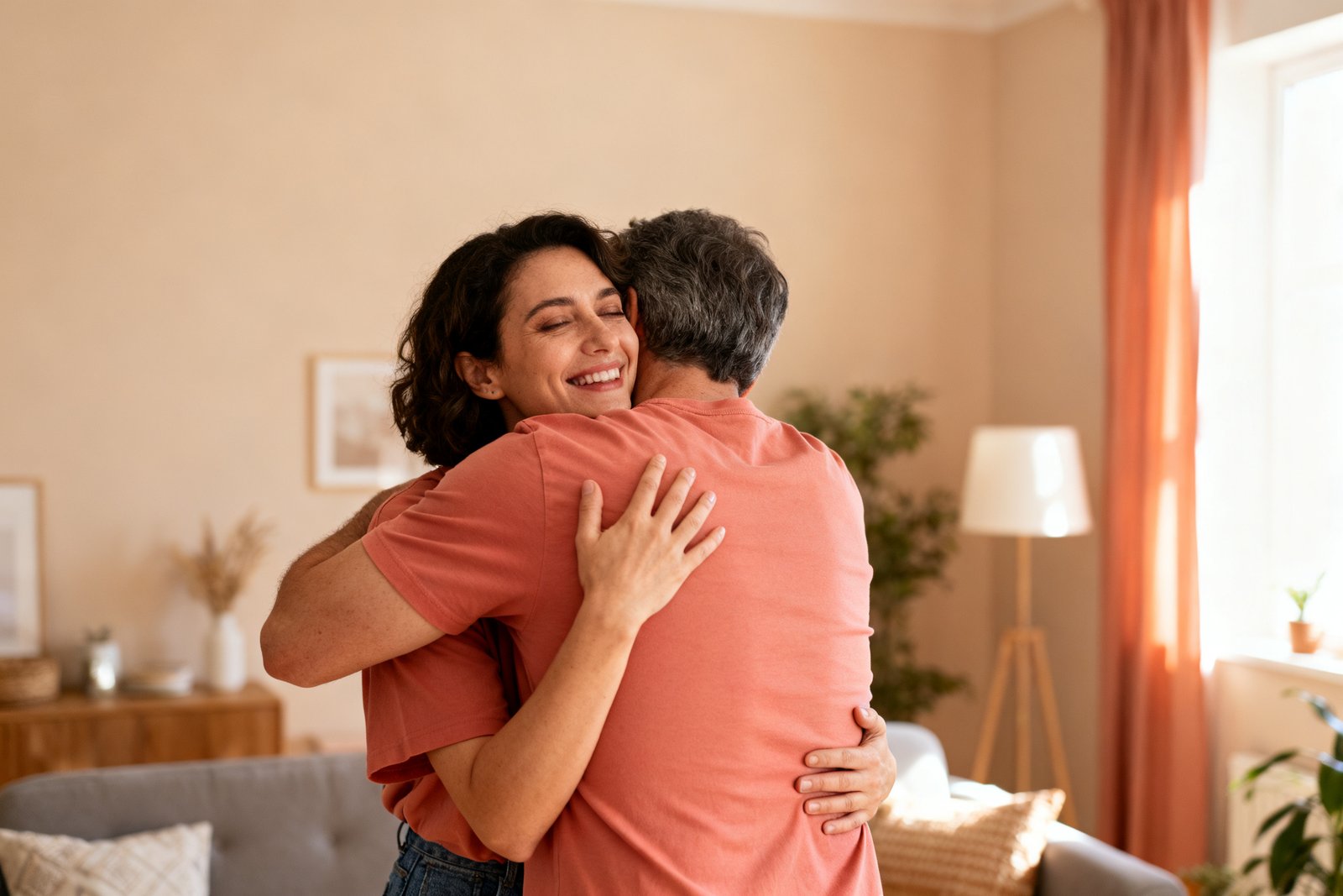 A couple happily reuniting and hugging at home after time apart, warm light
