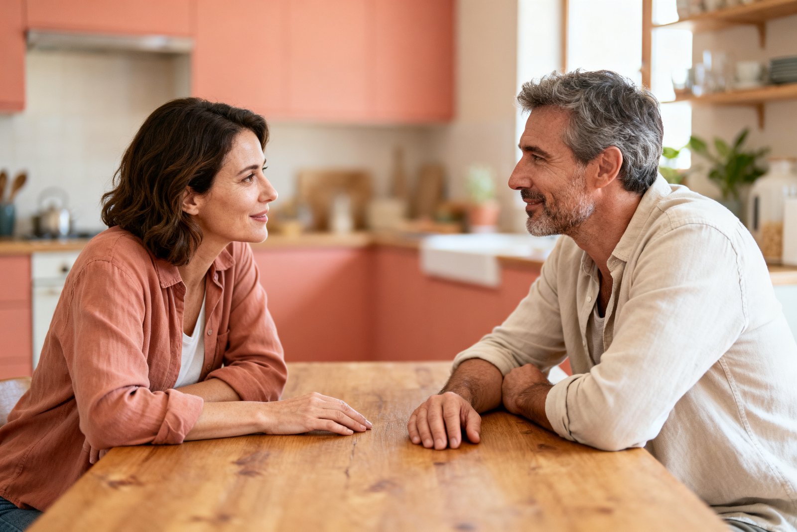 A couple having a respectful, caring conversation at a cozy kitchen table