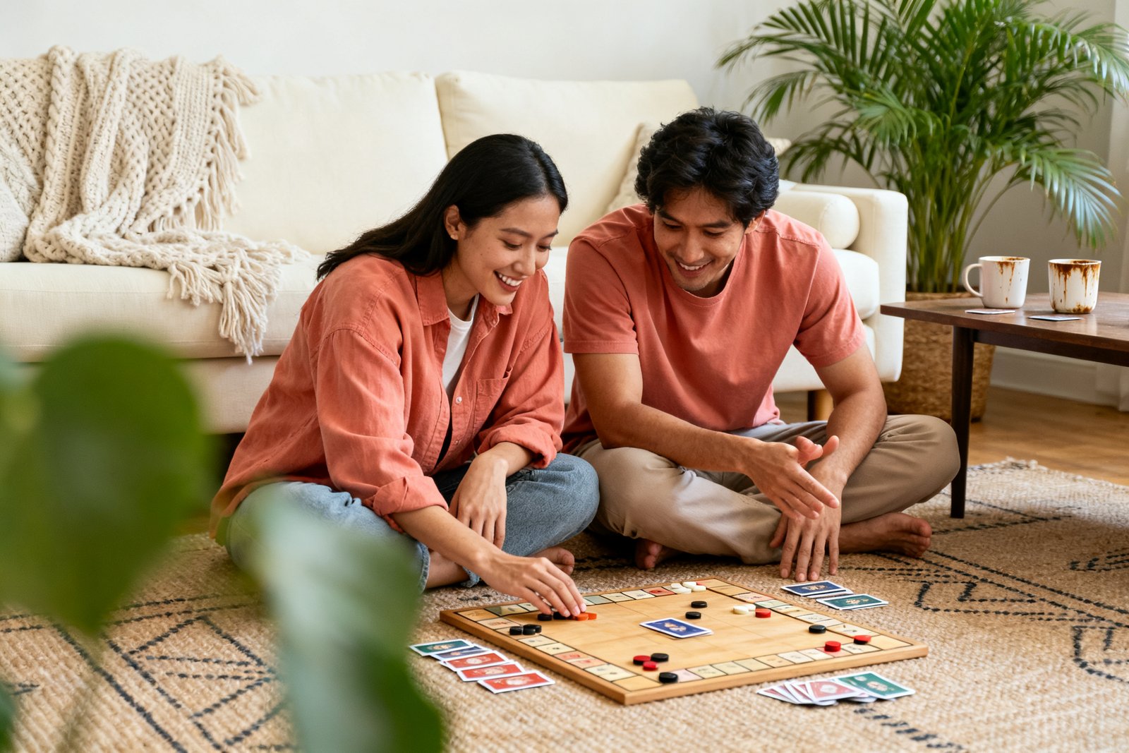 A couple playing a board game on the living-room floor