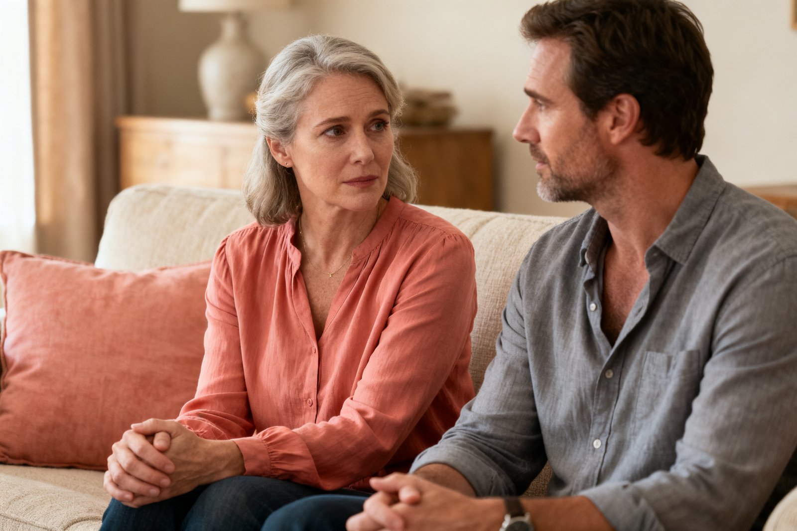 A couple having a calm, honest conversation with gentle expressions on a sofa